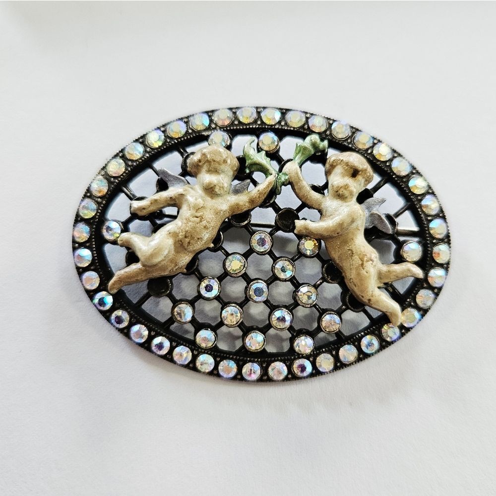 Vintage Pierre Bex Art-Nouveau Silver Enameled Cherub Oval Rhinestone Brooch Pin